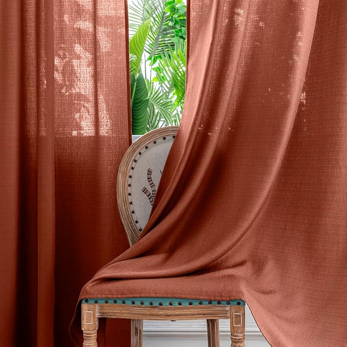 Yancorp Terracotta Curtains 96 Inch Length for Living Room 2 Panels Linen Textured Sheer Curtain Set Light Filtering Semi Sheer Drapes Curtains for Bedroom(Terracotta,W52 X L96)