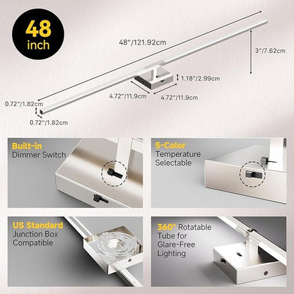 48 Inch Brushed Nickel Bathroom Vanity Light, Built-in Dimmer 2700K-6000K 2100LM LED, 360° Rotatable Bathroom Lights Over Mirror for Makeup, Shaving, Restroom, Powder Room ETL FCC