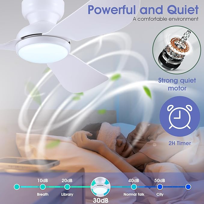 Kviflon 46 Inch Ceiling Fans with Lights, Small Flush Mount Ceiling Fan, Remote/APP Control, 3 Reversible Curved Blades, 6 Speeds, 3 CCT Dimmable Lights for Bedroom, White
