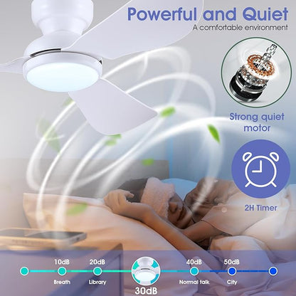 Kviflon 46 Inch Ceiling Fans with Lights, Small Flush Mount Ceiling Fan, Remote/APP Control, 3 Reversible Curved Blades, 6 Speeds, 3 CCT Dimmable Lights for Bedroom, White
