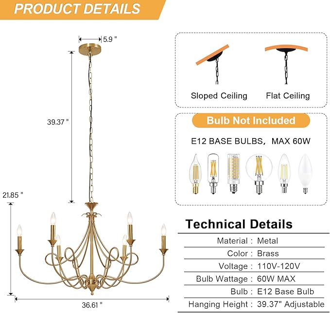 6-Light Modern Chandelier 36.6" Brass Candle Chandeliers Metal Gold Pendant Light Fixture for Dining Room Living Room Kitchen Island Foyer Entryway, E12 Base