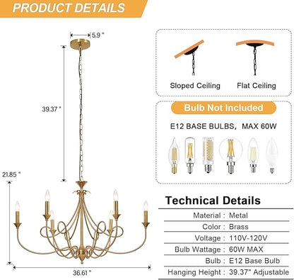6-Light Modern Chandelier 36.6" Brass Candle Chandeliers Metal Gold Pendant Light Fixture for Dining Room Living Room Kitchen Island Foyer Entryway, E12 Base