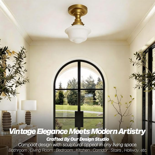 Modern Schoolhouse Semi Flush Mount Ceiling Light,Brass Gold Close to Ceiling Light Fixtures with Milky White Glass Hallway Ceiling Lamp for Laundry Kitchen Entryway Bathroom E26