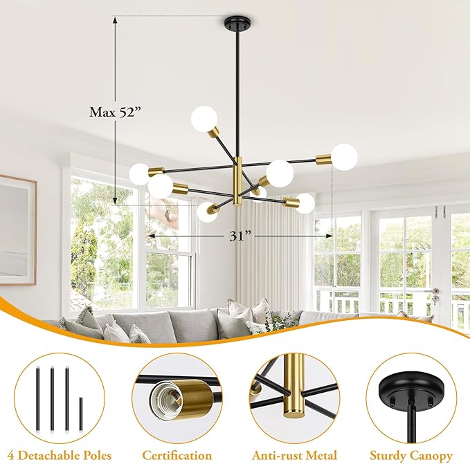 BesLowe 31‘’ 8-Light Modern Sputnik Chandelier, Mid Century Black & Gold Chandeliers Lighting, Farmhouse Ceiling Hanging Light Fixture for Dining Room Bedroom Room Kitchen Foyer, Height Adjustable