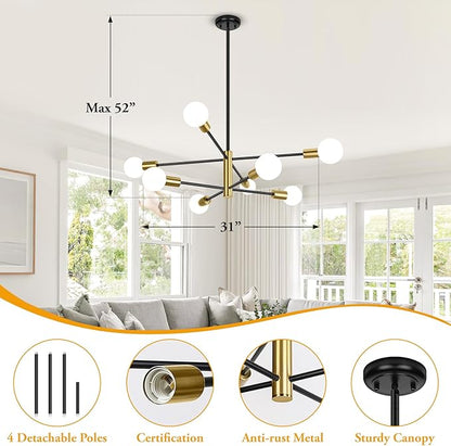 BesLowe 31‘’ 8-Light Modern Sputnik Chandelier, Mid Century Black & Gold Chandeliers Lighting, Farmhouse Ceiling Hanging Light Fixture for Dining Room Bedroom Room Kitchen Foyer, Height Adjustable