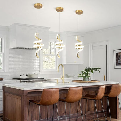 Modern Spiral LED Pendant Lights Kitchen Island, 22W Adjustable Height Hanging Light Fixture 5500K Gold Chandelier for Dining Room Cafe Table, 3 Pack