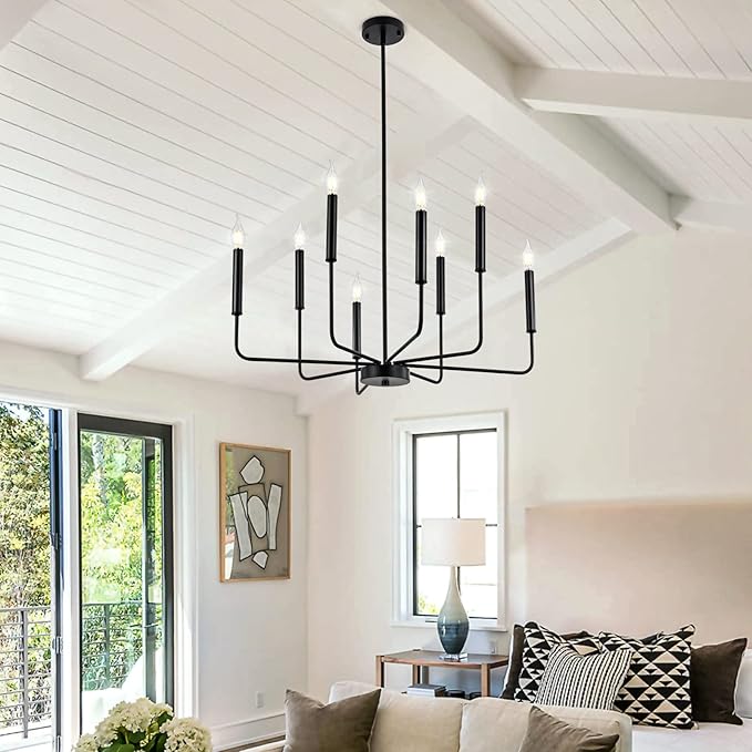 WOKNOS Modern Black Farmhouse Chandeliers, 8-Light Industrial Metal Chandelier Lighting, Classic Candle Hanging Pendant Light Fixtures for Kitchen Bedroom, Dining Room, Living Room,Foyer