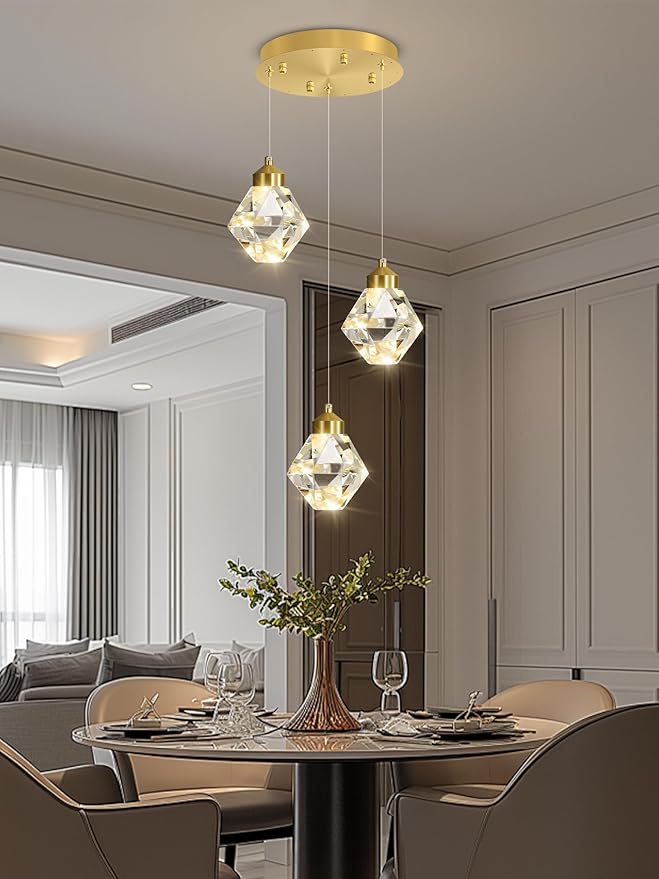 Pendant Light for Kitchen Island 3-Lights Mini Crystal Chandeliers,Crystal Ceiling Hanging Lights Pendant Ceiling Light Fixture,for Kitchen Island Dining Room Bedroom Hallway