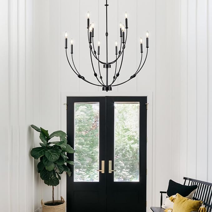 Large 35 Inch 2-Tier Modern Black Chandelier, 12-Light Farmhouse Candle Pendant Light for High Ceiling Foyer Entryway Living Room
