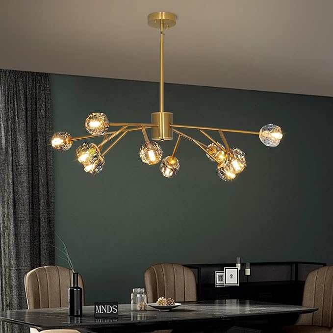 Depuley Chandelier Ceiling Light Fixture: 12-Light Modern Sputnik Chandelier for Dining Room - Height Adjustable Mid Century Gold Crystal Chandelier for Bedroom Living Room (Included G9 Bulbs)