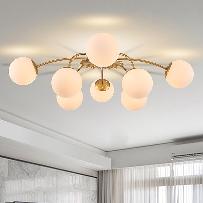 Longree 8-Light Blossom Milk Glass Flush Mount Ceiling Lights Gold and White Sputnik Chandelier, Opal Glass Bubble Starburst Light Fixture for Dining Bedroom Living Entry