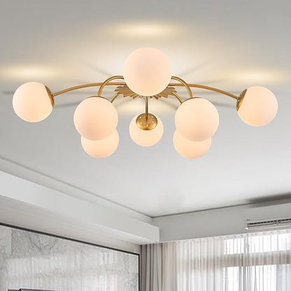 Longree 8-Light Blossom Milk Glass Flush Mount Ceiling Lights Gold and White Sputnik Chandelier, Opal Glass Bubble Starburst Light Fixture for Dining Bedroom Living Entry