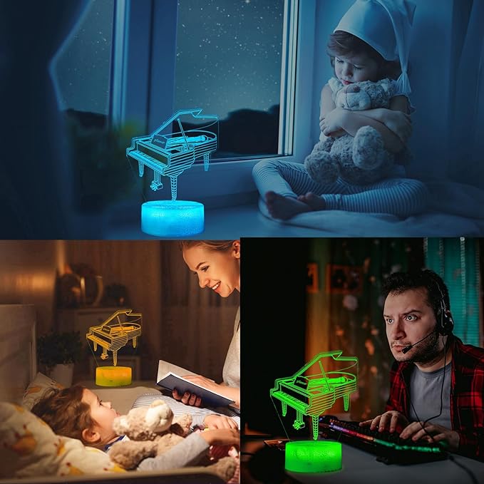 Piano Night Light, Instrument Gifts, Piano 3D Illusion Lamp with 16 Colors Changing, Timer, 4 Flash Modes and Dimmable, Kids Boys Girls Room Decoration, Holiday Xmas Music Gifts