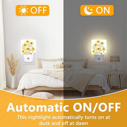 Watercolor Sunflower Night Light, Plug-into Vintage Floral Nightlight White LED Lamp, Energy Efficient Decor Desk Lamp for Bedroom Hallway Stairs Bathroom