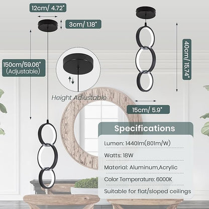6000K Modern Led Pendant Light Fixture, 18W Black Spiral Led Pendant Lamp Chandelier Hanging Lamp,Adjustable Height Pendant Lights for Kitchen Dining Room Bedroom Kitchen Island, 1 Pack