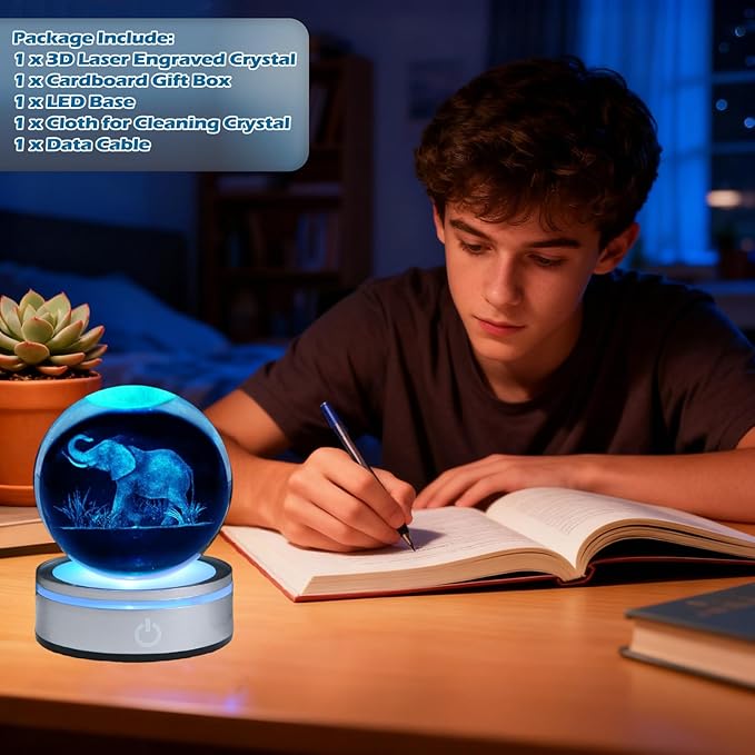 Elephant Gifts, 3D Elephant 3.15 Inch (80mm) Crystal Ball Lamp with Battery Powered, RGB Color Light for Birthday Xmas Cool Upgraded Animal Figurines Gifts for Room Decor Boys Girls