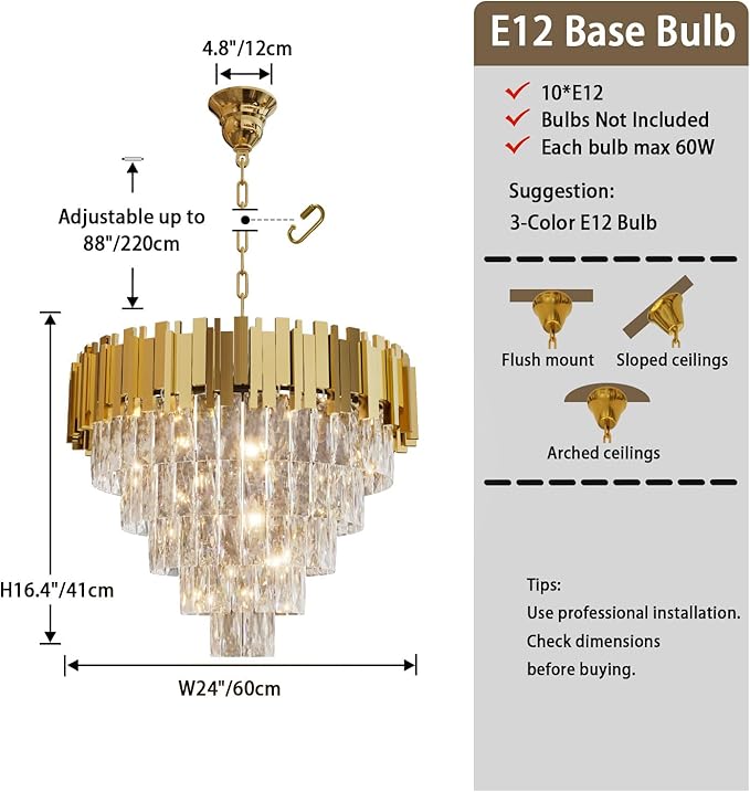 Modern Crystal Chandeliers, 24" Gold Adjustable Height Pendant Light, 5-Tier Round Crystal Ceiling Chandelier for High Ceiling, Foyer, Living Room, Staircase, Dining Room