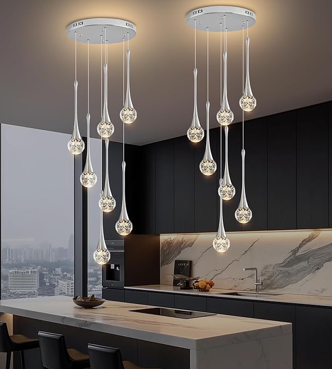 Modern Chrome Crystal Chandelier for Kitchen Island 7-Lights, Luxury Spiral Dimmable LED Bubble Raindrop Pendant Lighting Fixture for Dining Room Foyer Entryway Bedroom