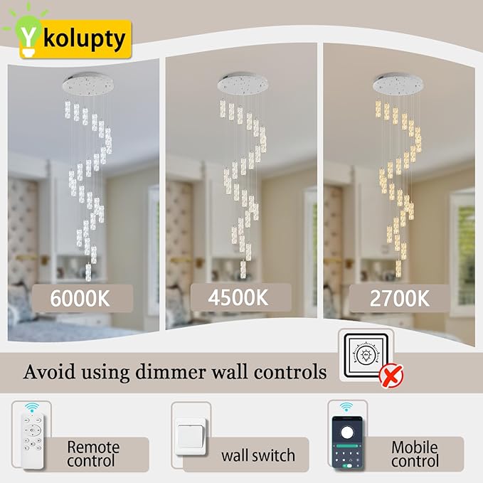 ykolupty H150in Modern Crystal Chandelier LED Dimmable Stairwell Chandelier High Ceiling Pendant Light for Stairs Entryway Living Room