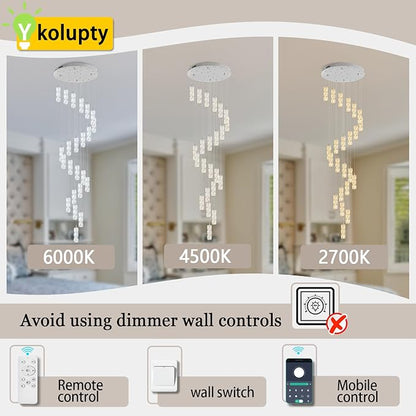 ykolupty H150in Modern Crystal Chandelier LED Dimmable Stairwell Chandelier High Ceiling Pendant Light for Stairs Entryway Living Room