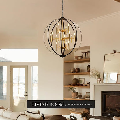 31.5''Black Gold 16-Light Globe Chandelier, Modern Industrial Adjustable Hanging Ceiling Pendant Light Fixture for Entryway Foyer Stairway Hallway Bedroom Living Room Kitchen Island