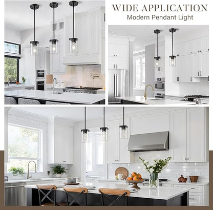 Modern Pendant Light Fixtures 3-Pack, Matte Black Pendant Lights Kitchen Island with Square Transparent Glass, Glass Pendant Light for Dining Room, Bedroom, Living Room, Farmhouse