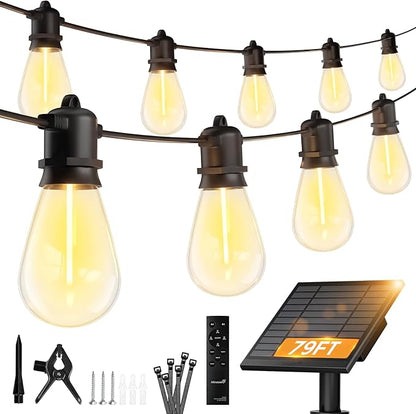 Minetom 79FT Solar String Lights Outdoor Waterproof, 24 LED S14 Shatterproof Bulb, Patio Lights with Remote Type-C Port Timable, 3 Light Modes Dimmable Solar String Lights for Outside, Yard, Camping