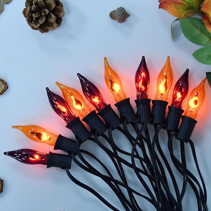 PASUTO Orange and Purple Halloween Lights - Flickering Flame String Lights, 12.8Ft Indoor Outdoor Halloween Lights C7 Retro Flame String Lights, Ideal for Fall Halloweens Decorations for Home Party