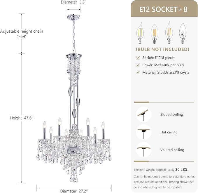 8-Light Crystal Candle Chandelier, Chrome Chandelier for Dining Room, Entryway & Living Room, Adjustable Height, E12 Base