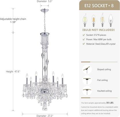 8-Light Crystal Candle Chandelier, Chrome Chandelier for Dining Room, Entryway & Living Room, Adjustable Height, E12 Base