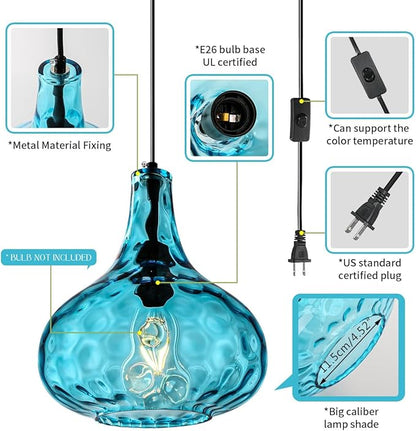 Blue Glass Plug in Pendant Light Fixture, Mid-Century Modern Pendant Lamp with 14.7 ft Cord Hammered Glass Globe Shade,Black Vintage Plug in Hanging Light for Bedroom Dining Living Room
