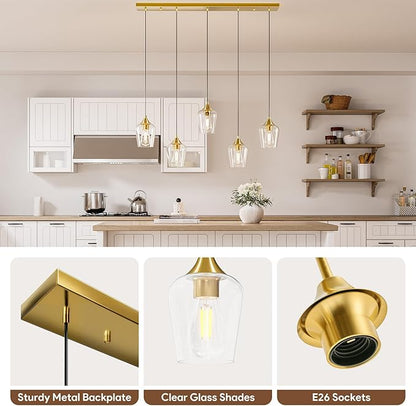 VONLUCE Pendant Lights Kitchen Island, Brushed Gold Pendant Light Fixtures with E26 Base & Adjustable Cable, Modern Pendant Lighting with Glass Shade for Living Room Bedroom Hallway, 5-Light