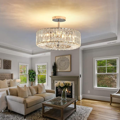 Piepooye 4 Lights Modern Crystal Chandelier Chrome Round Semi Flush Mount Ceiling Light Fixture Farmhouse Chandelier for Dinning Room Living Room Bedroom Hallway Entryway Kitchen