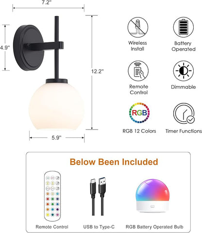 SANTOSTOCK Black Wireless Rechargeable Wall Sconces with Remote Control, Battery Operated Wall Sconce Set of 2, LED Dimmable Wall Lights with Opal White Glass Shade, 12 Colors RGB & 3 CCT Bulb