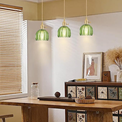 Mini Pendant Lights Kitchen Island 3 Pack, Small Adjustable Pendant Light Fixture with Green Tulip Glass Lampshade, Vintage Gold Pendant Lighting, Pendant Light for Bedroom Dining Room Hallway