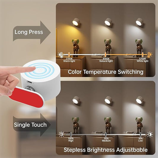 Deyagoo 3PACK Romote LED Wall Sconce - Rechargeable Wall Light, 3 Colors & 3 Brightness Levels, 360° Magnetic Rotating Head, Bedside Reading Lamp, Easy Install Battery Operated Lamp White