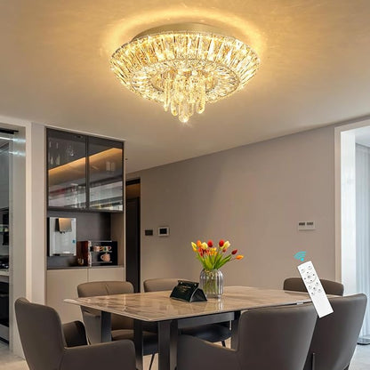 Crystal Chandelier Modern Round Ceiling Light Fixture LED Raindrop Chandeliers Dimmable with Remote for Dining Room Living Room Entryway Hallway Bedroom Gold