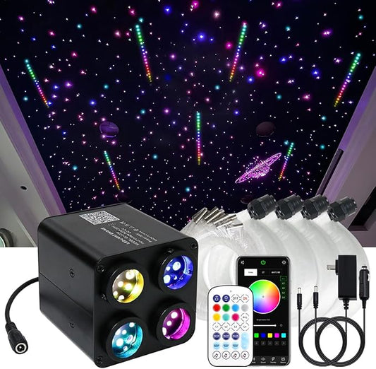 AKEPO 36W 4 Color Twinkle Fiber Optic Starlights Headliner Lights Kit, Optical Fibers Music Sync Bluetooth APP Control Starlight Kit, 1200pcs*13.1ft +240pcs Colorful Shooting Star