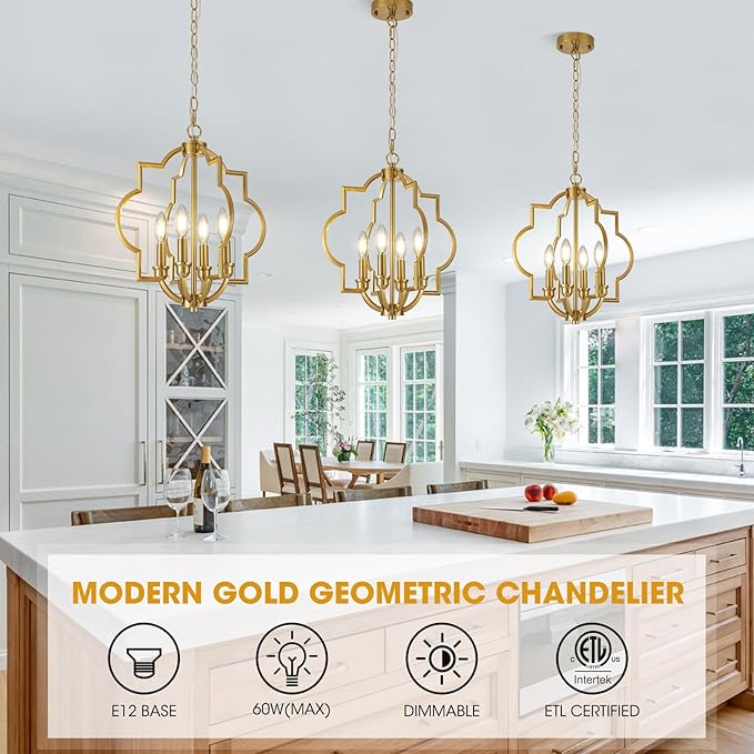 4-Light Brushed Gold Chandeliers for Dining Room, 15.6" Farmhouse Geometric Pendant Light Fixture for Entryway Foyer Kitchen Bathroom Over Sink