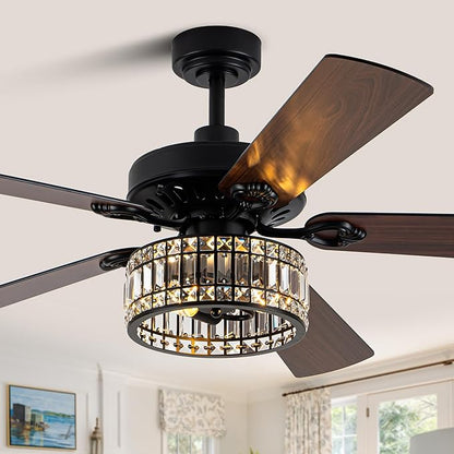 Dawn Whisper 52 Inch Black Chandelier Ceiling Fans Quiet and Reversible DC Motor Modern Ceiling Fans with Lights for Bedroom Living Room
