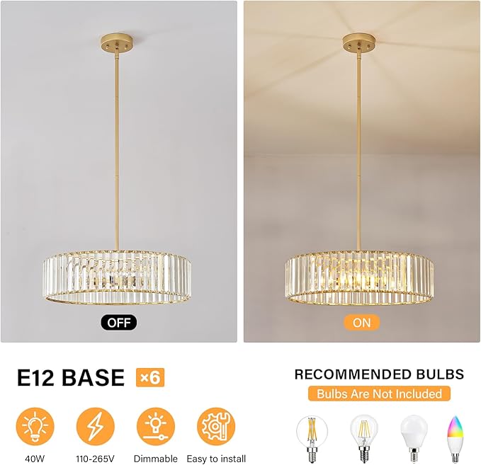 YURNYQ Glod Crystal Ceiling Light Fixture, Modern Semi Flush Chandelier, Round Hanging Lighting Chandeliers for Dining Room, Kitchen, Bedroom, 6-Light, 19.68 Inch