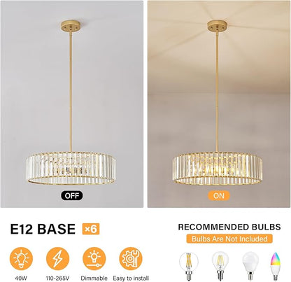 YURNYQ Glod Crystal Ceiling Light Fixture, Modern Semi Flush Chandelier, Round Hanging Lighting Chandeliers for Dining Room, Kitchen, Bedroom, 6-Light, 19.68 Inch