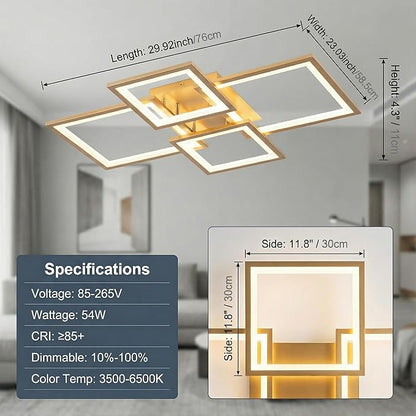 Modern LED Ceiling Light, Square LED Flush Mount Ceiling Light, Dimmable Kitchen Light Fixtures with Remote&APP, Close to Ceiling Lighting Fixture for Dining Room Kitchen Living Room Bedroom(Gold)