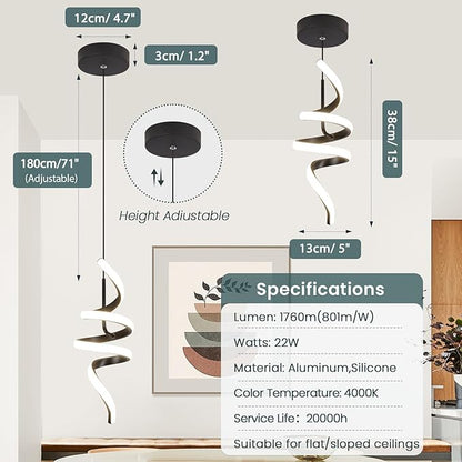 4000K Modern Pendant Light, 15IN Spiral LED Pendant Lights Adjustable Height Black Kitchen Island Fixtures Chandeliers for Dining Room Hanging Lights, 1 Pack