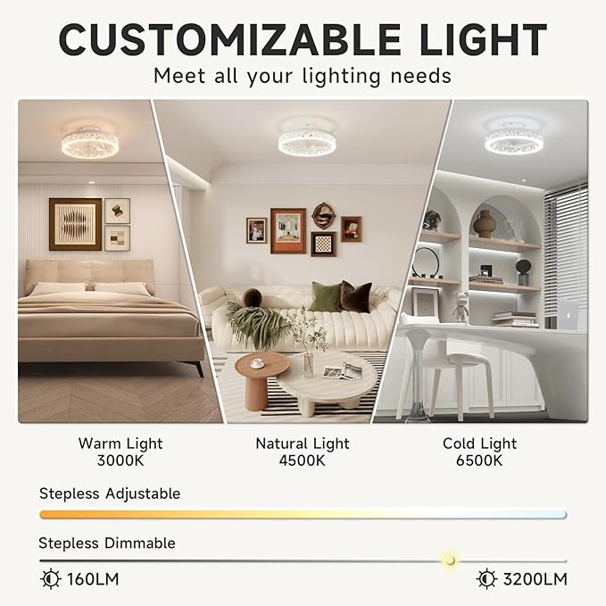 VOLISUN Fandelier Ceiling Fans with Light, 15.7in Low Profile Ceiling Fan with Light and Remote, 3000K-6500K Dimmable Bladeless Ceiling Fan Flush Mount, White Modern Ceiling Fan with Light for Bedroom