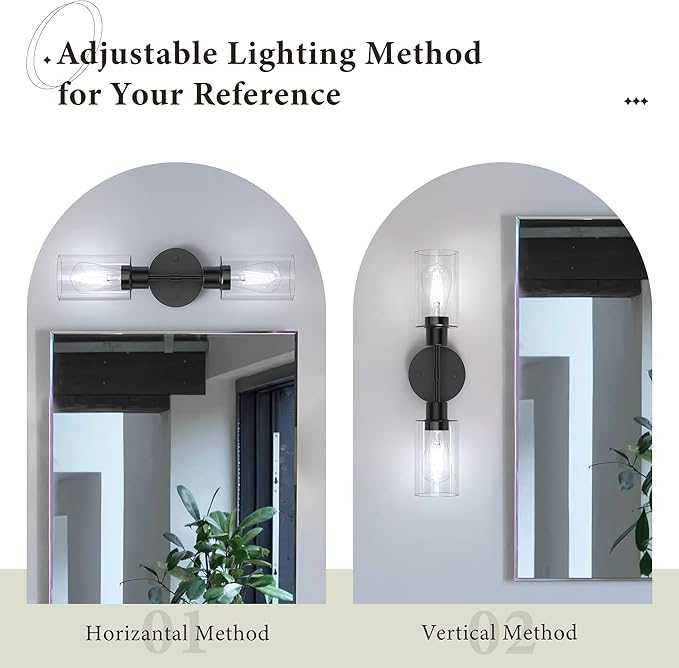 Bathroom Light Fixtures 2 Light Black, Bathroom Vanity Lights Over Mirror, Bathroom Sconces Wall Lighting，Farmhouse Matte Black Bathroom Vanity Light, Modern Vanity Lights with Clear Shades