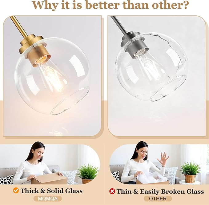 2 Pack 7.2-Inch Globe Pendant Lights, Mid Century Gold Pendant Light Fixtures, Globe Pendant Lights Kitchen Island with Clear Glass Shade Adjustable Hanging Fixture for Dining Room Bulbs not Included