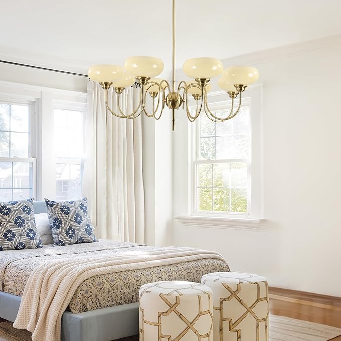 BOKT Large 8-Light Chandelier Modern Sputnik Chandeliers Flush Mount Ceiling Lights Cream Adjustable Height Pendant Lighting Vintage Gold Chandeliers with Light Yellow Glass Classic Ceiling Light