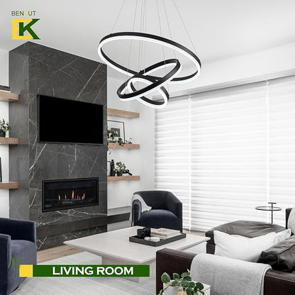 Benkut 3-Rings Modern LED Chandelier Black Dimmable Pendant Lighting with Remote Control Circular Flush Mount High Ceiling Light for Dining Room Living Room Entrance Foyer, 3000K-6500K D23.6in
