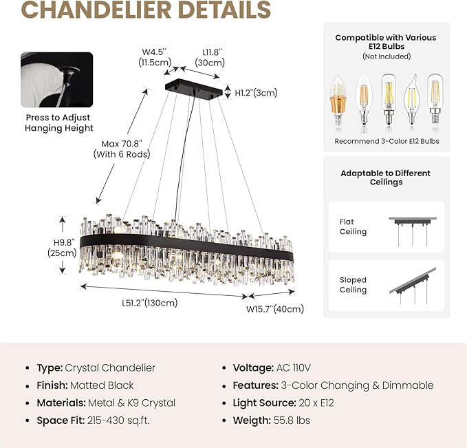 Large Rectangular Crystal Chandelier for Dining Room, 20-Light Modern 2-Tiers Oval Flush Mount Pendant Ceiling Light Fixture for Living Room Kitchen Island Bar 52 Inches